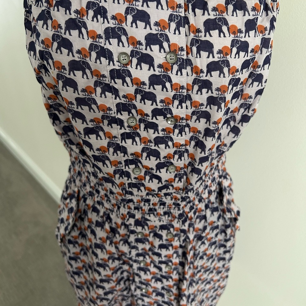 NWT BCBGeneration Strapless Elephant Print Dress Navy Orange Safari BUTTON Large - Picture 2 of 16